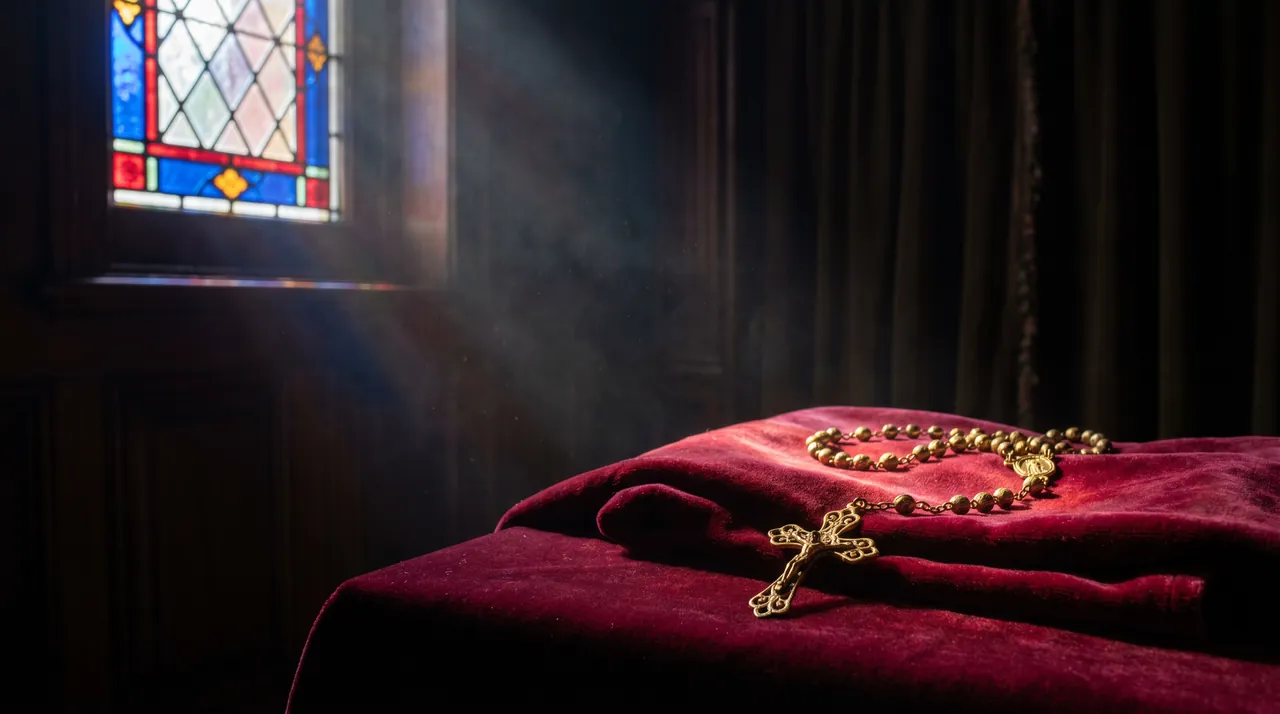 A rosary resting on red velvet