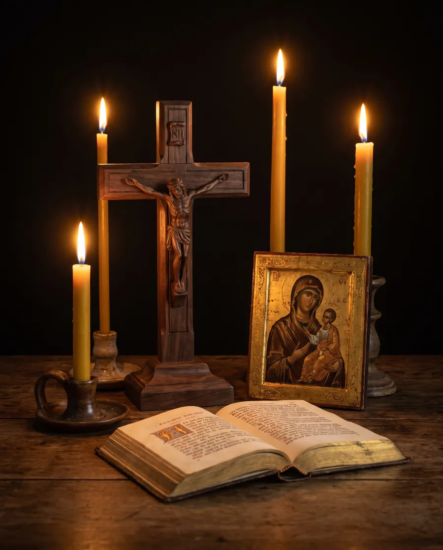 A wooden crucifix, an icon of the Virgin and Child, an open book and beeswax candles